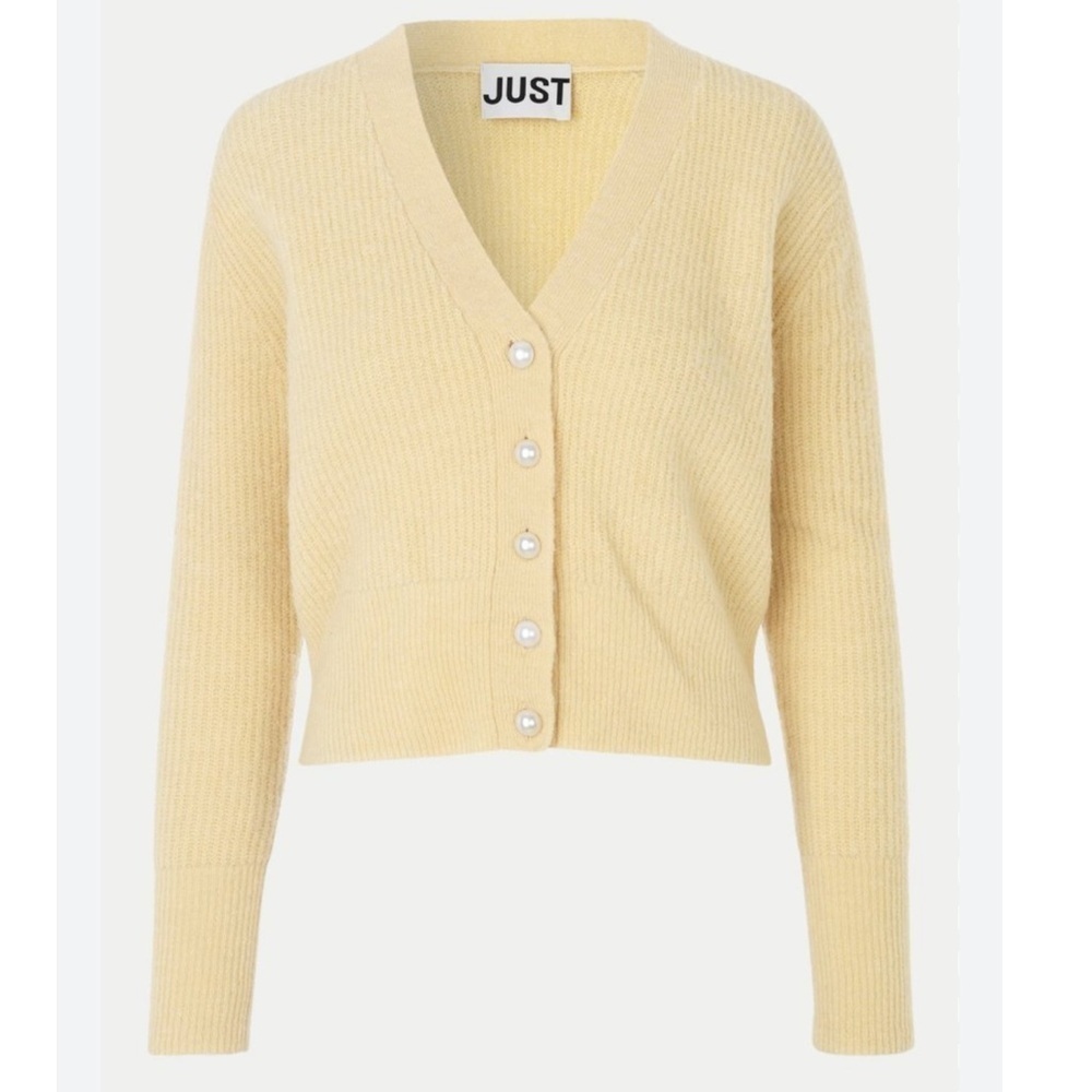 Just Female Light Yellow Rebelo Wool Alpaca Pearl V Neck Cardigan Sweater Large